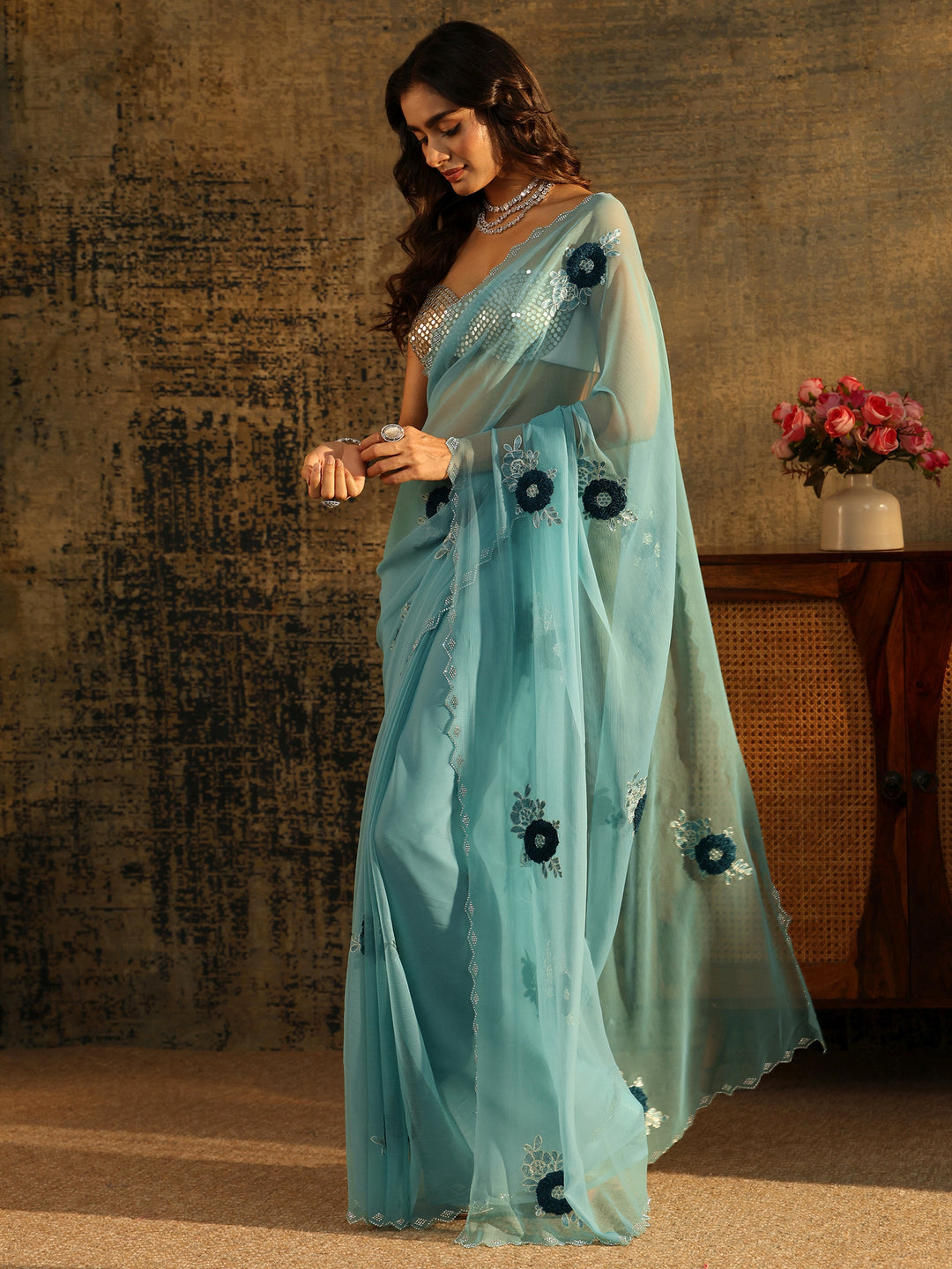 Libas Powder Blue Chiffon Saree with Embellished Floral Motifs