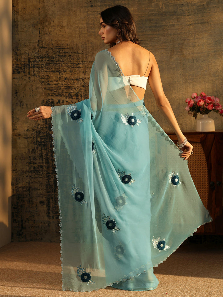 Libas Powder Blue Chiffon Saree with Embellished Floral Motifs