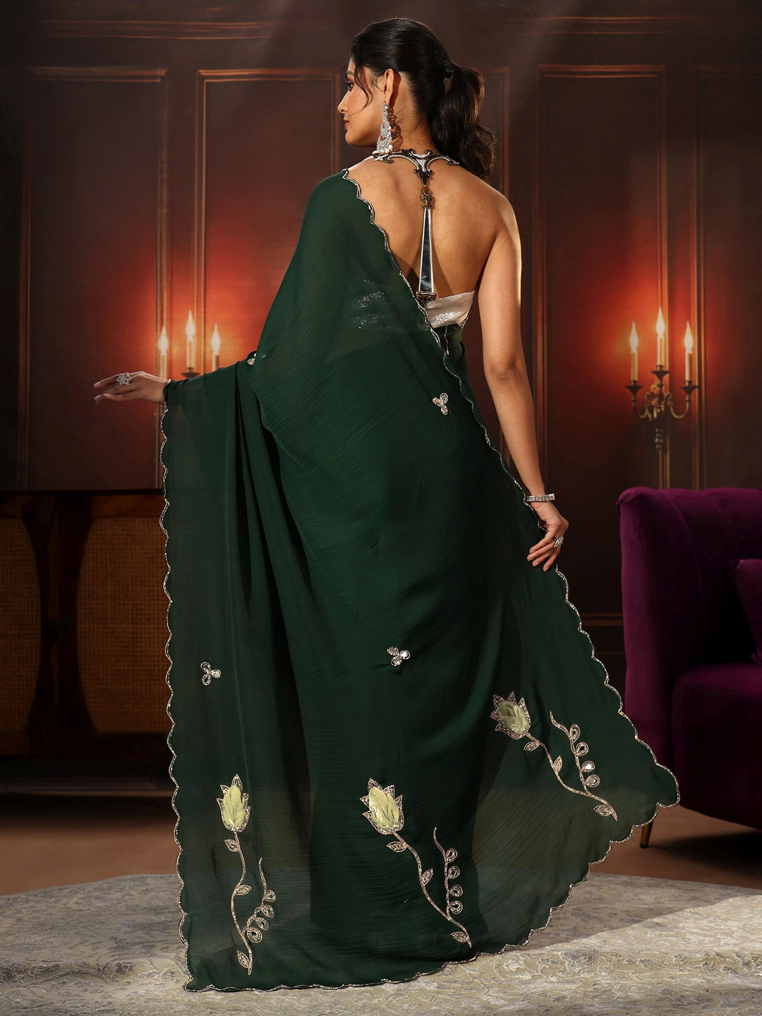 Libas Jungle Green Chiffon Saree with Floral Applique Design Pallu