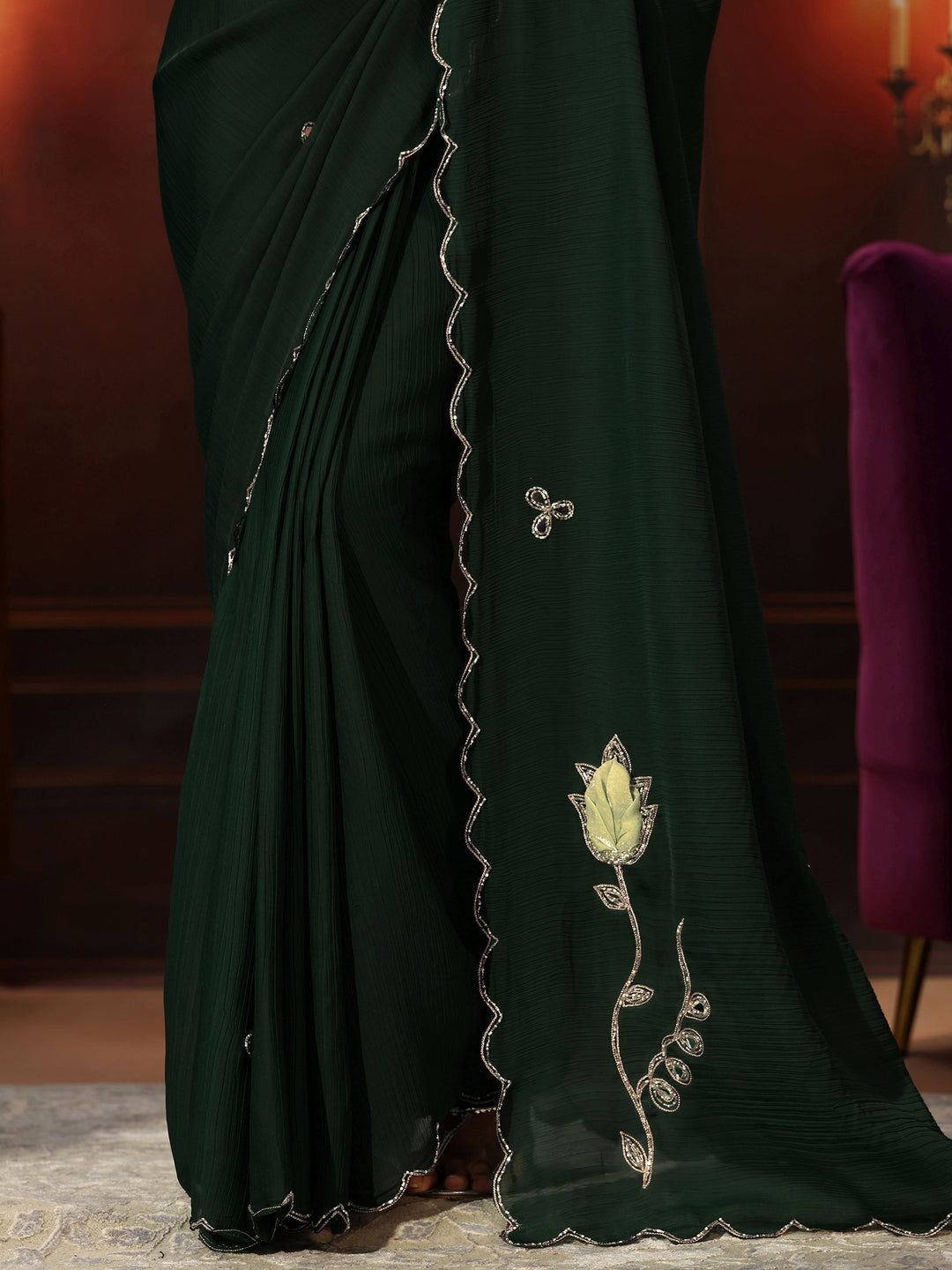 Libas Jungle Green Chiffon Saree with Floral Applique Design Pallu
