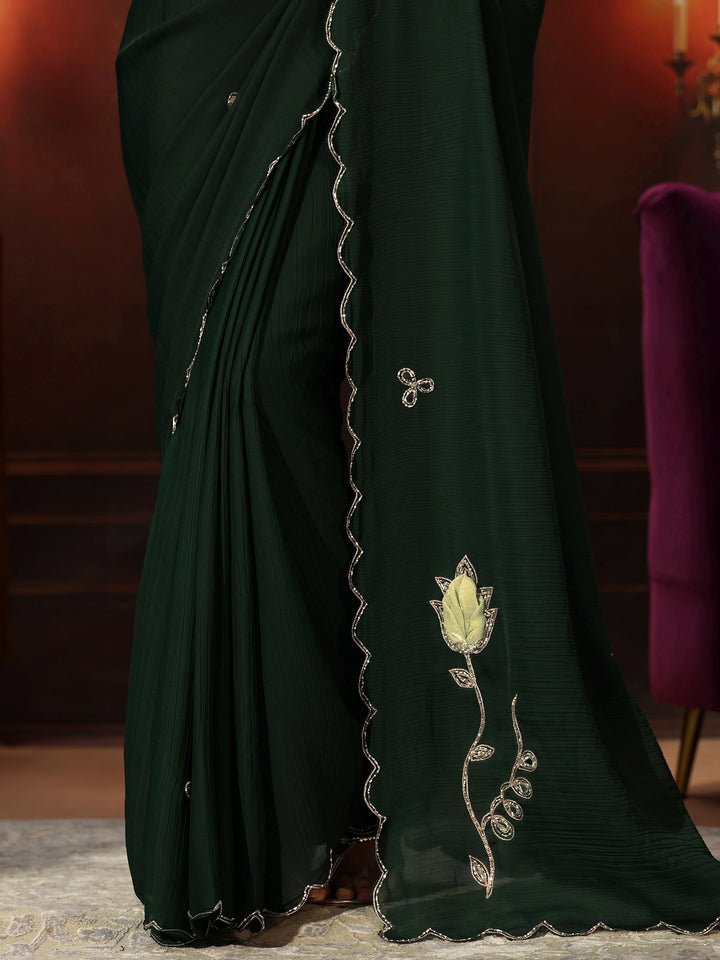 Libas Jungle Green Chiffon Saree with Floral Applique Design Pallu