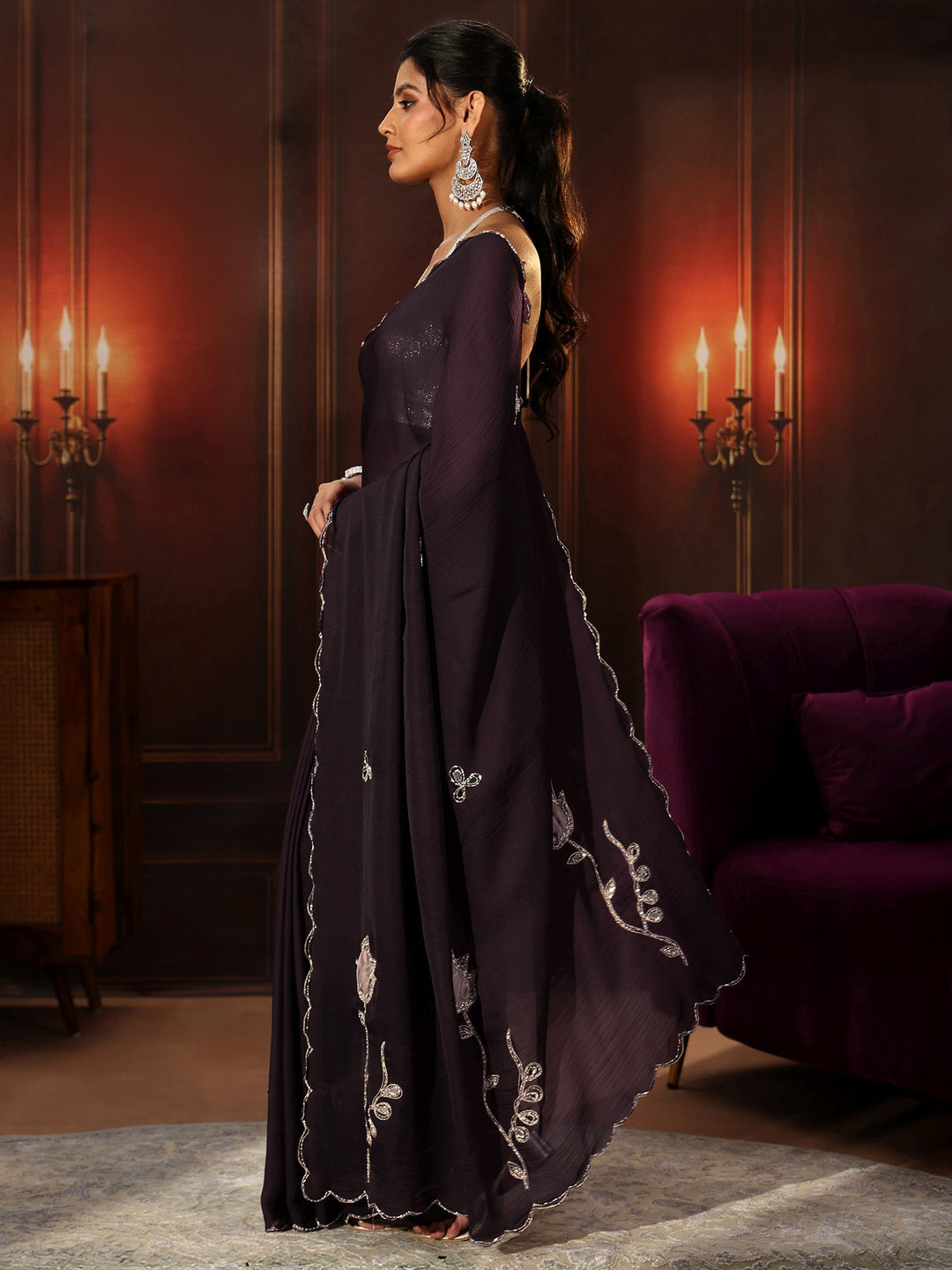 Libas Burgundy Chiffon Saree with Floral Applique Design Pallu