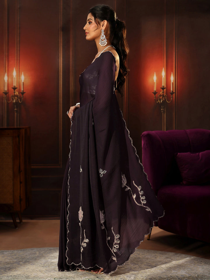 Libas Burgundy Chiffon Saree with Floral Applique Design Pallu