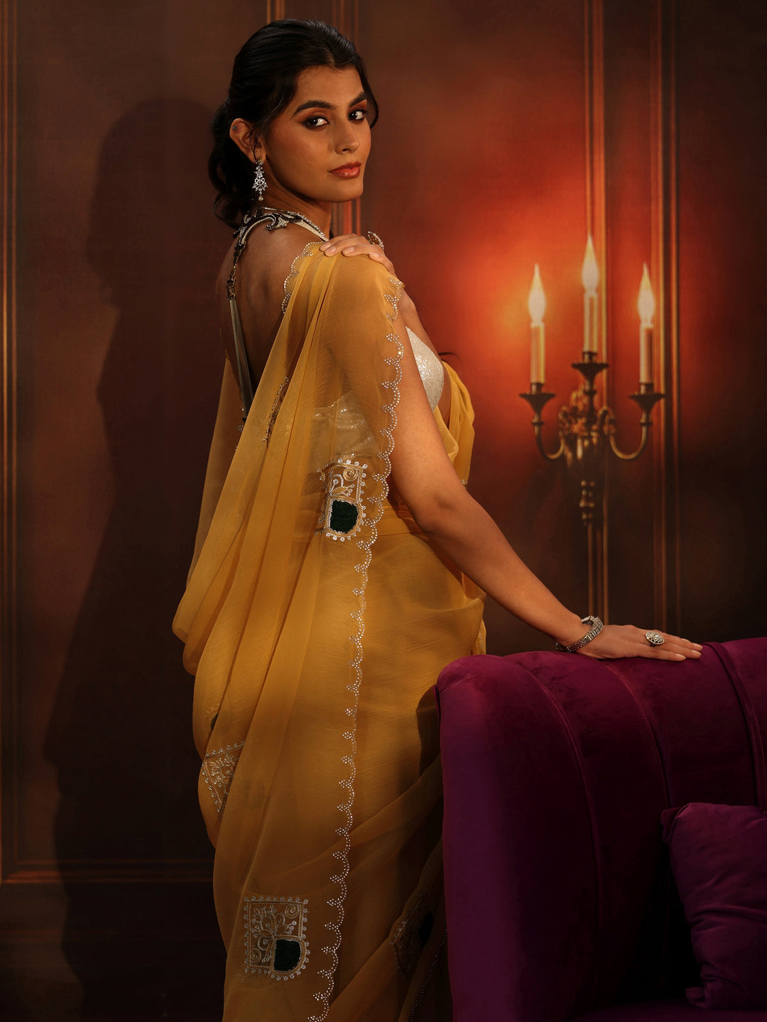 Libas Saffron Yellow Chiffon Saree with Embroidered  Motifs