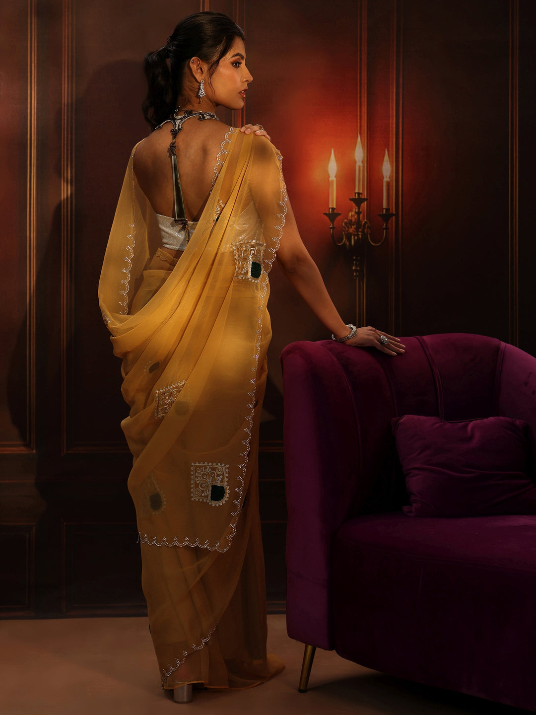 Libas Saffron Yellow Chiffon Saree with Embroidered  Motifs