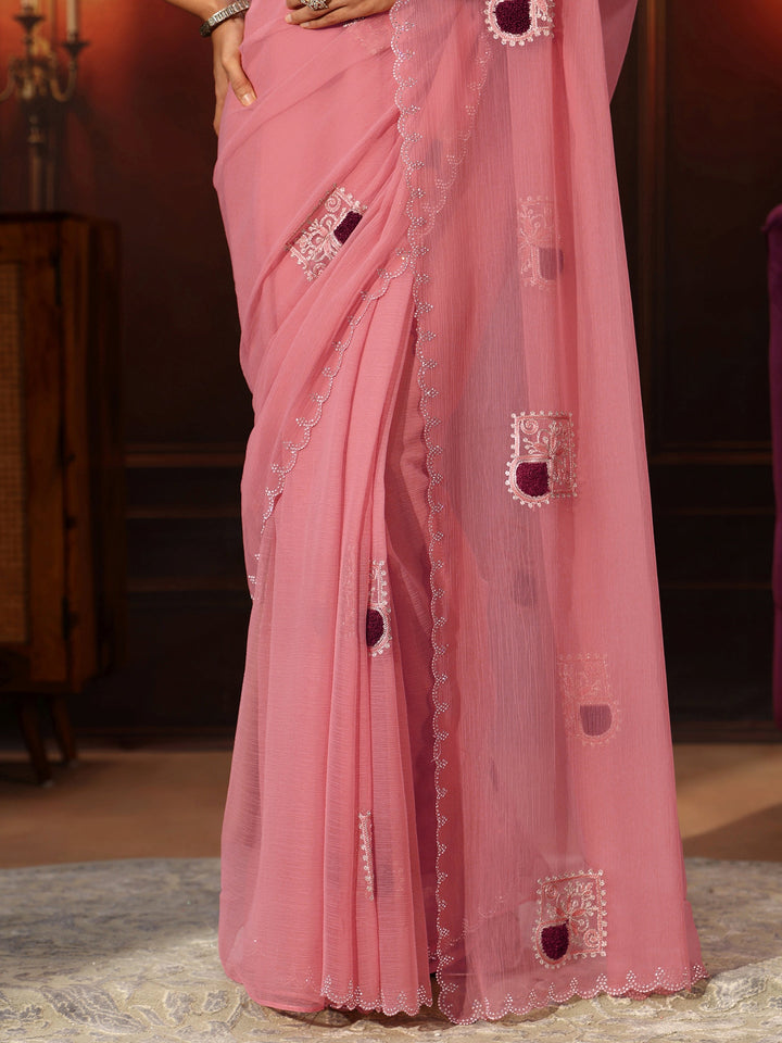 Libas Peach Pink Chiffon Saree with Embroidered  Motifs