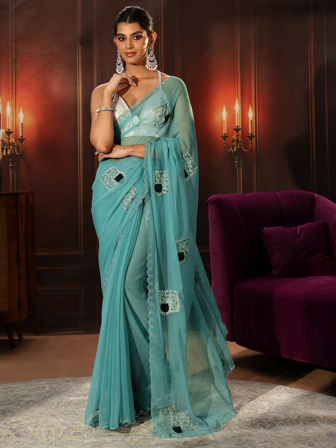 Libas Sky Blue Chiffon Saree with Embroidered  Motifs