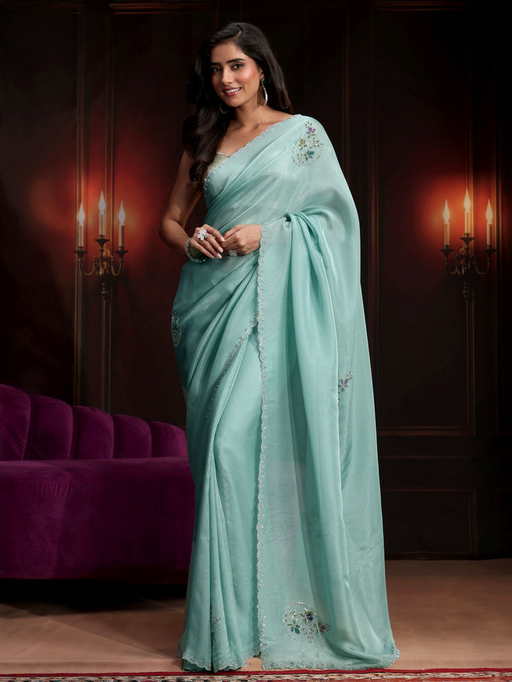 Libas Sky Blue Floral Embellished Tissue Saree