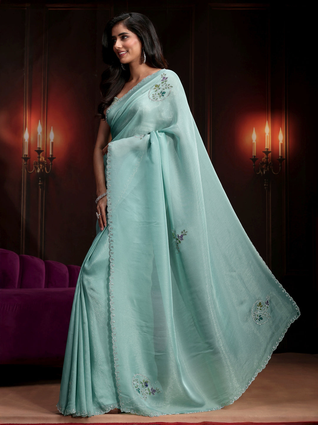 Libas Sky Blue Floral Embellished Tissue Saree