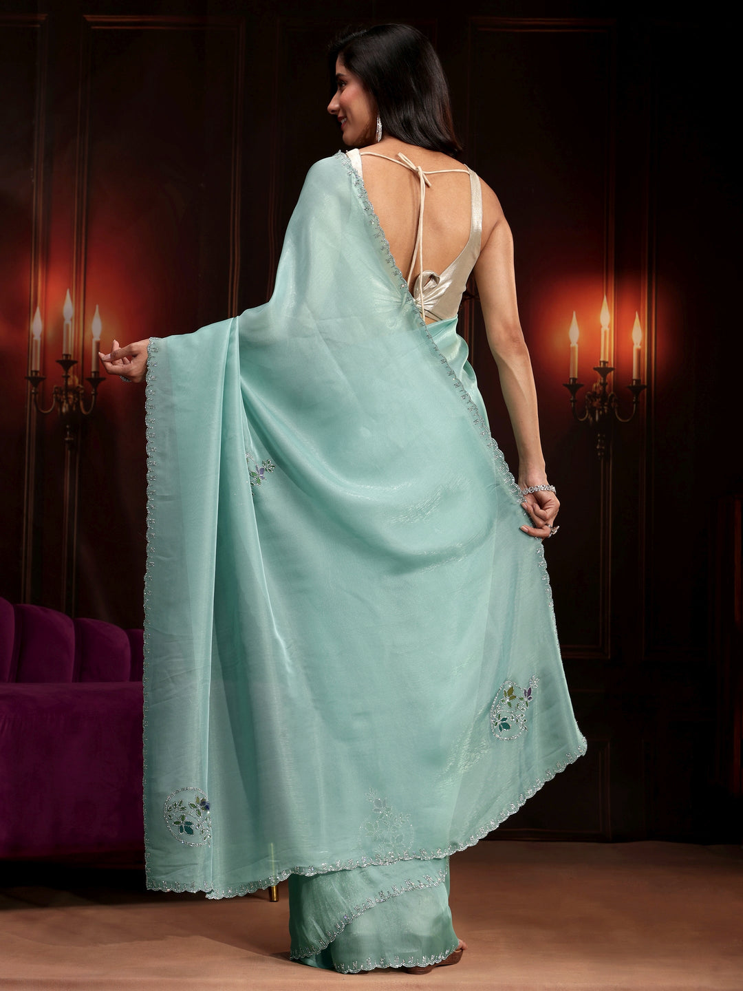 Libas Sky Blue Floral Embellished Tissue Saree