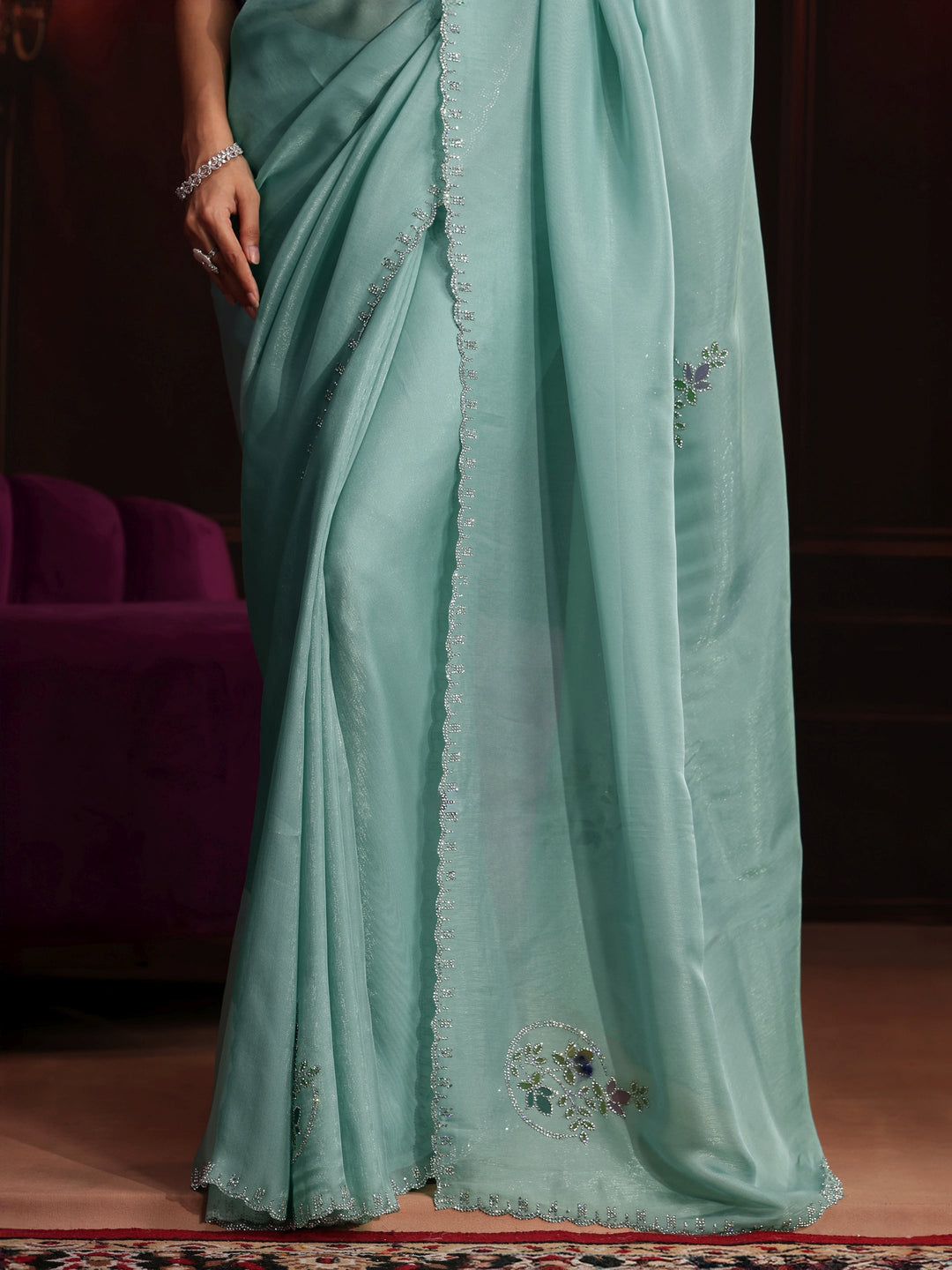 Libas Sky Blue Floral Embellished Tissue Saree