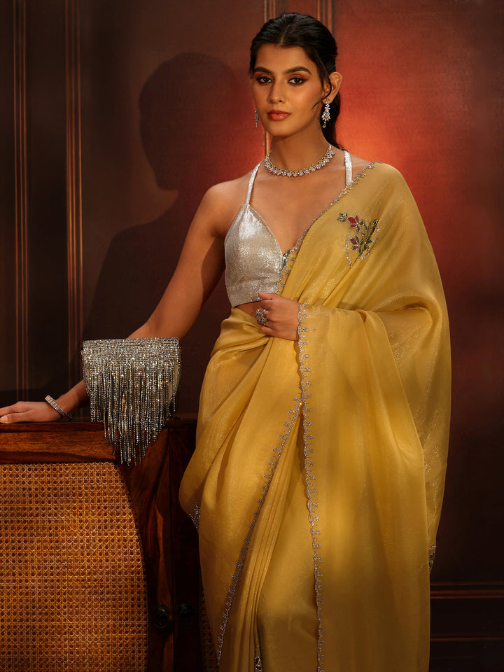 Libas Daffodil Yellow Tissue Saree with Embellished Border