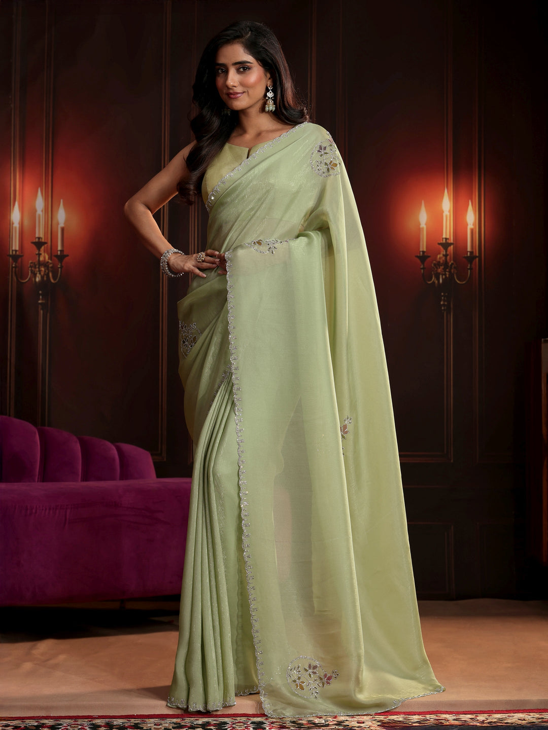 Libas Pista Green Floral Embellished Tissue Saree