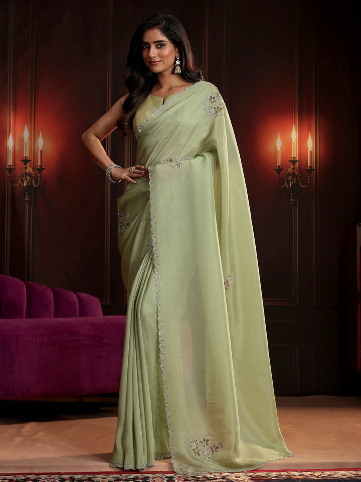 Libas Pista Green Floral Embellished Tissue Saree
