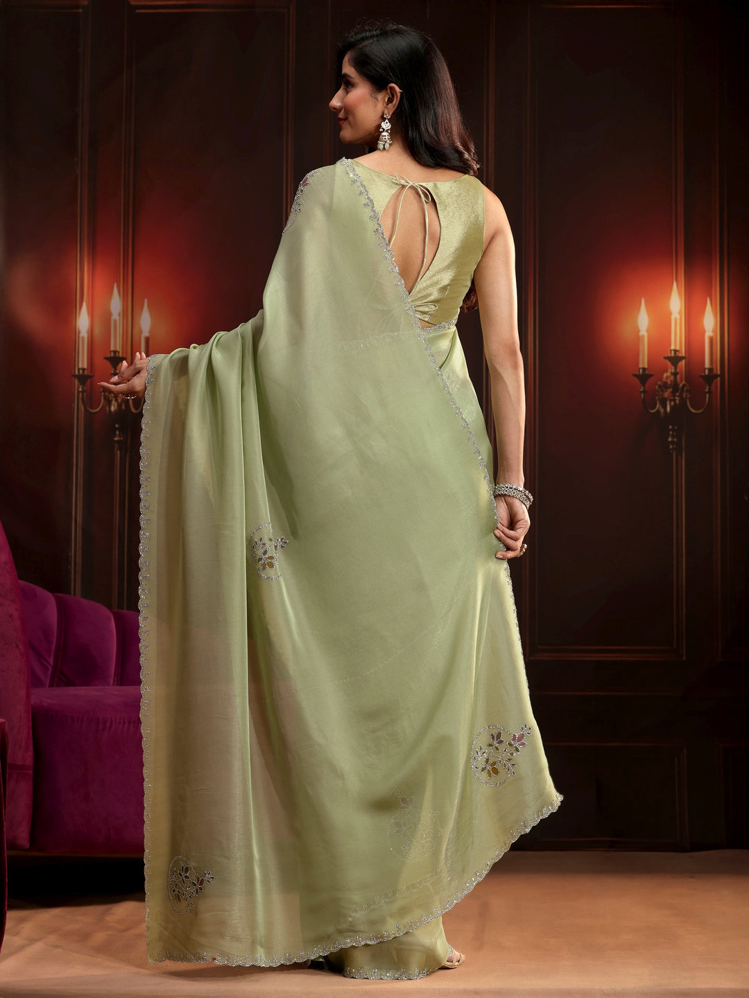 Libas Pista Green Floral Embellished Tissue Saree