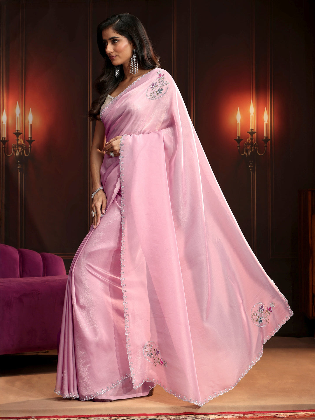 Libas Baby Pink Floral Embellished Tissue Saree