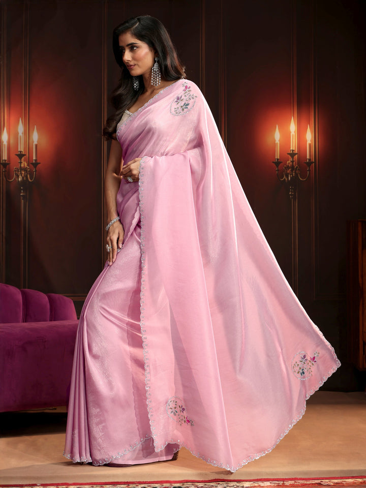 Libas Baby Pink Floral Embellished Tissue Saree