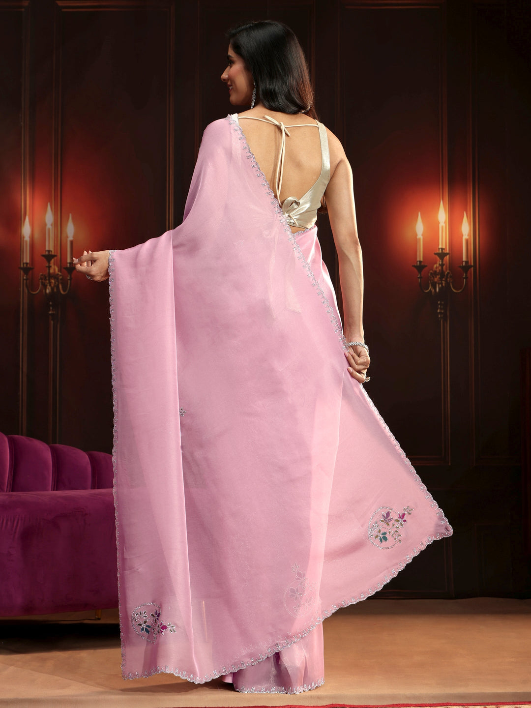 Libas Baby Pink Floral Embellished Tissue Saree