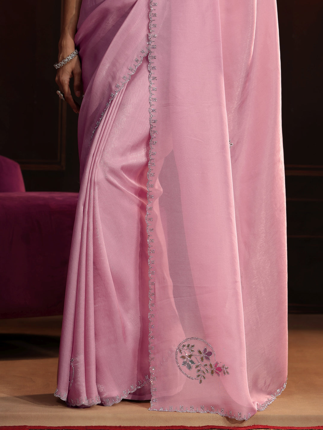 Libas Baby Pink Floral Embellished Tissue Saree