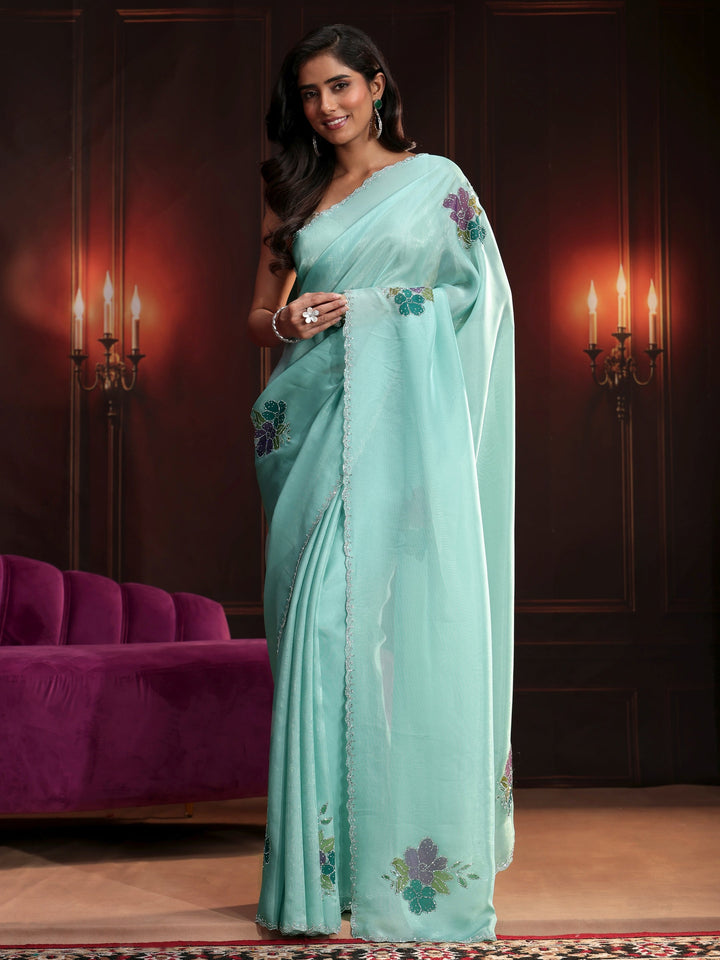 Libas Powder Blue Floral Embellished Tissue Saree