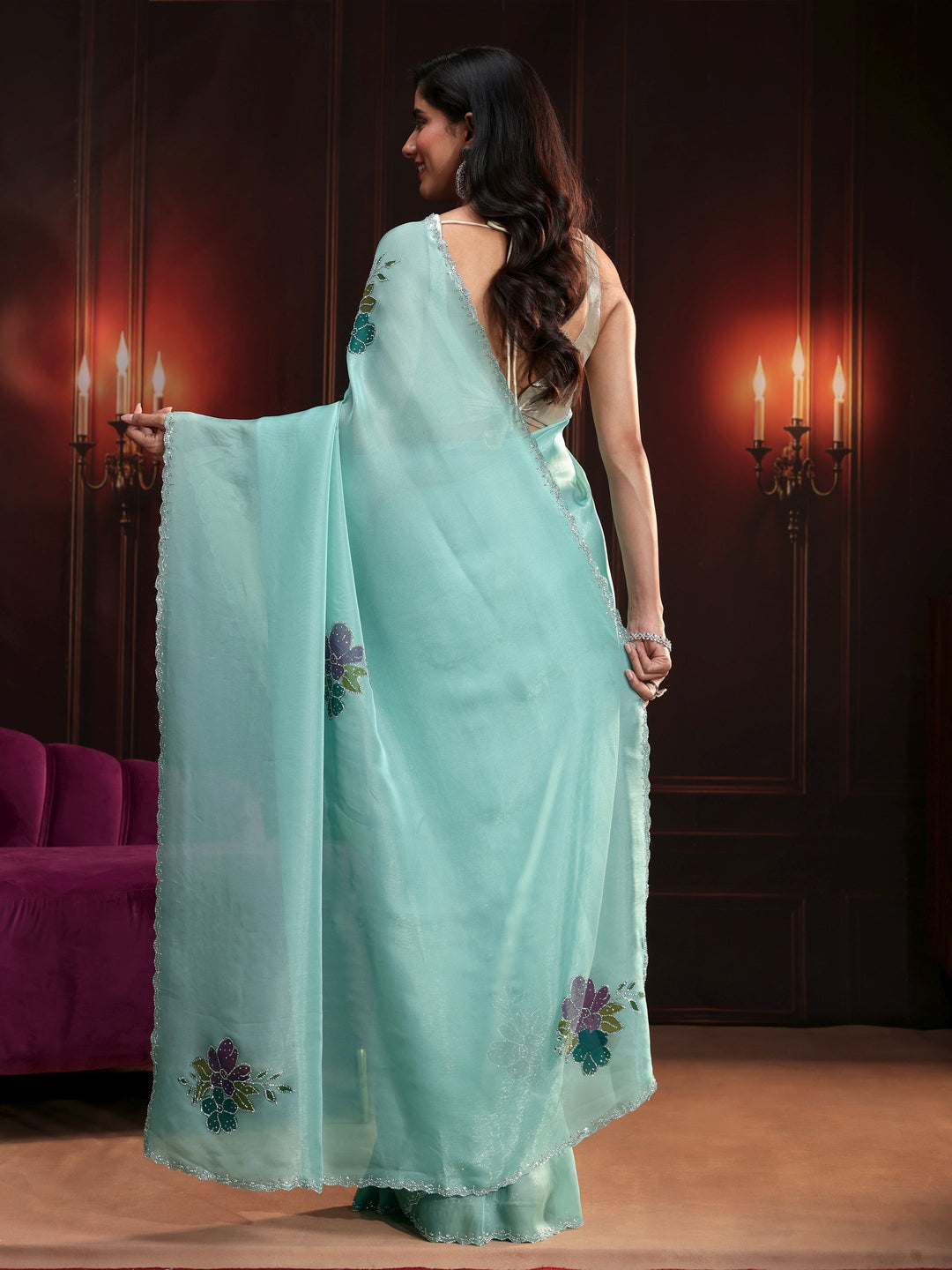 Libas Powder Blue Floral Embellished Tissue Saree