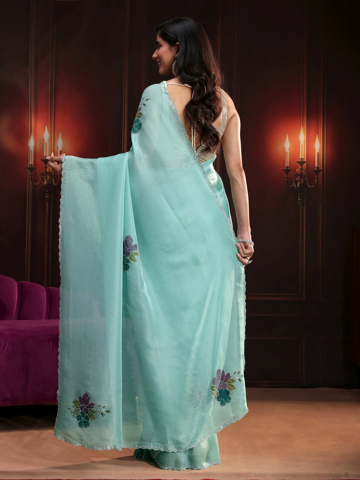 Libas Powder Blue Floral Embellished Tissue Saree