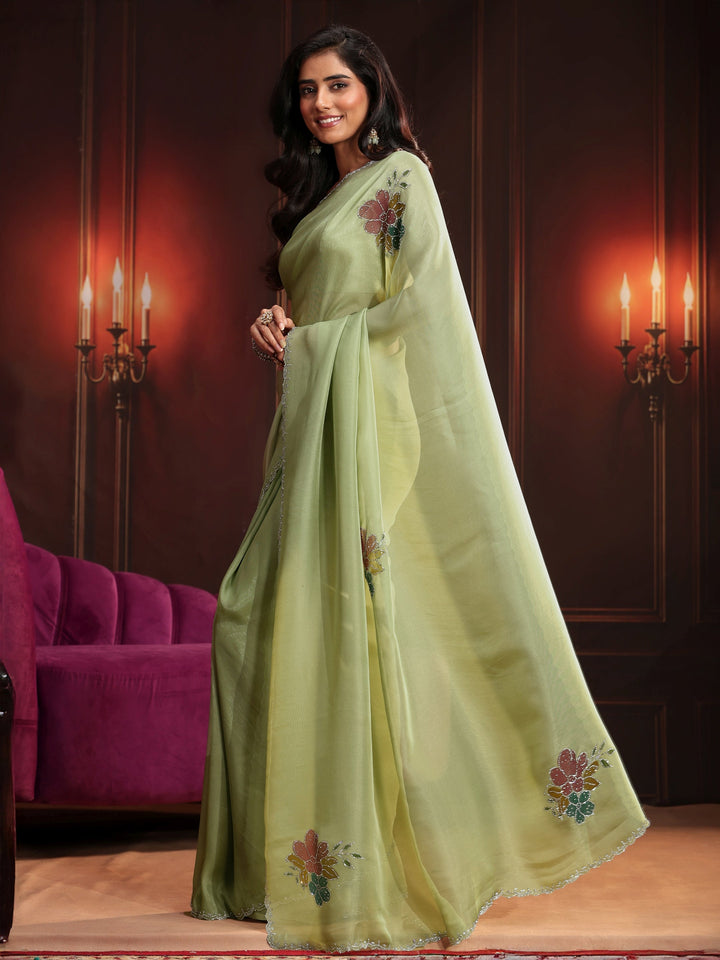 Libas Pista Green Floral Embellished Tissue Saree