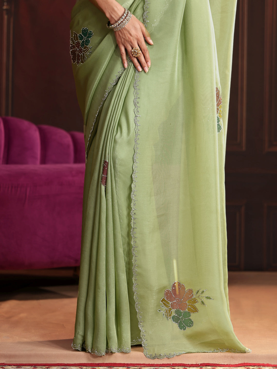 Libas Pista Green Floral Embellished Tissue Saree