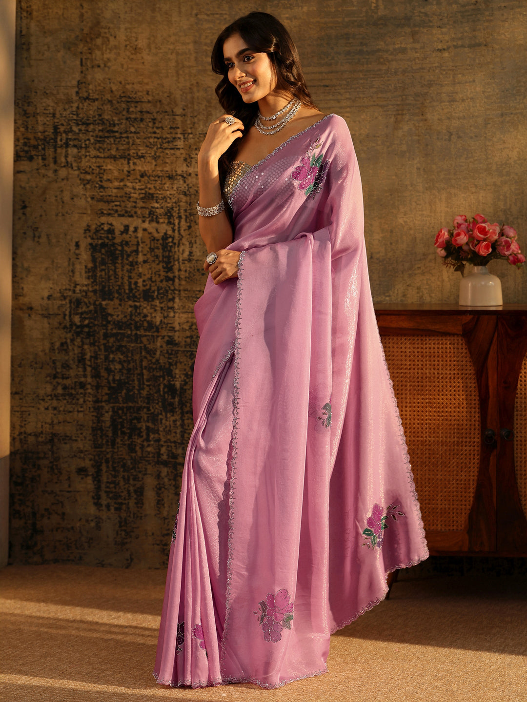 Libas Powder Blue Tissue Saree with Embellished Floral Motifs