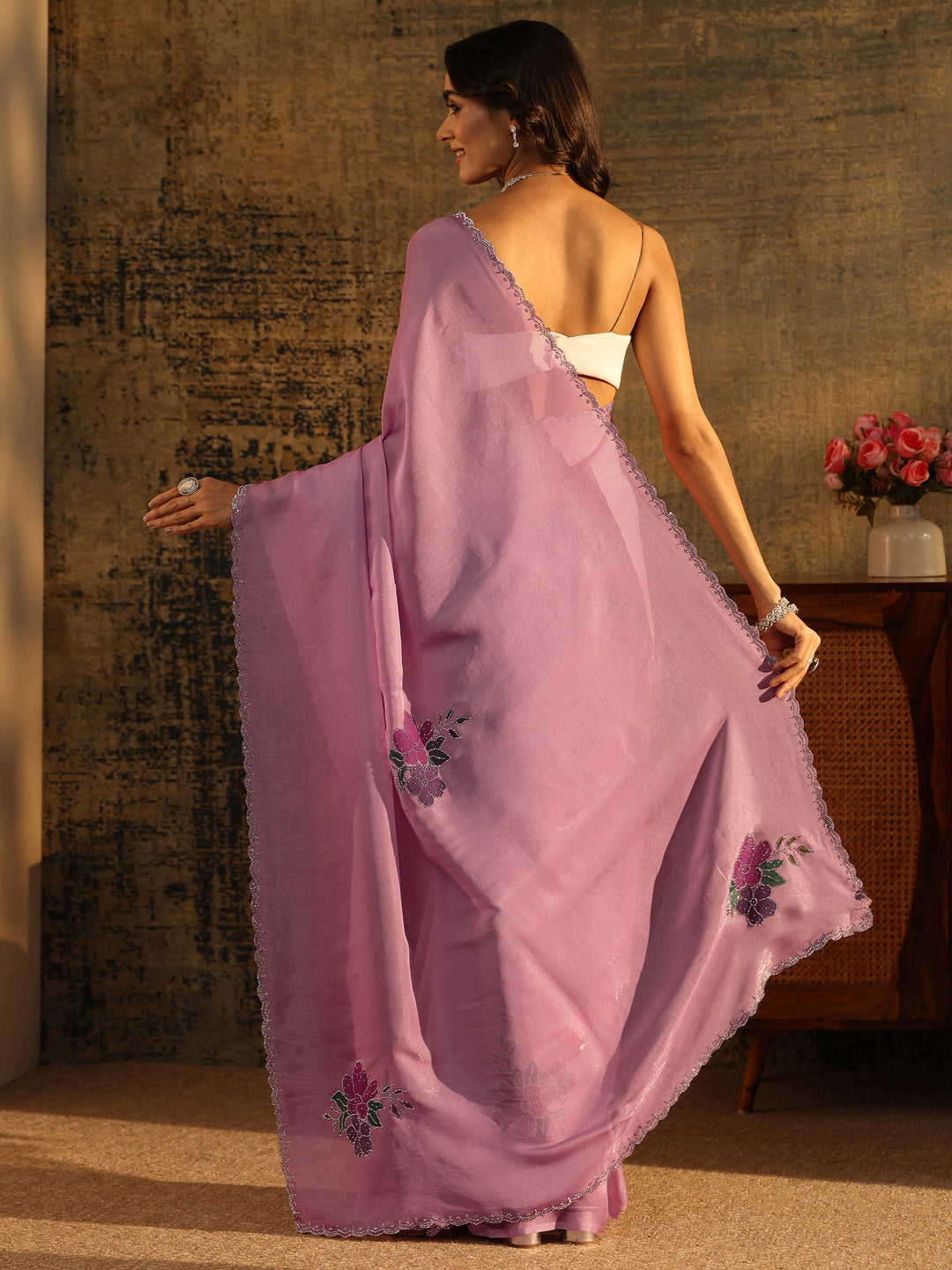Libas Powder Blue Tissue Saree with Embellished Floral Motifs
