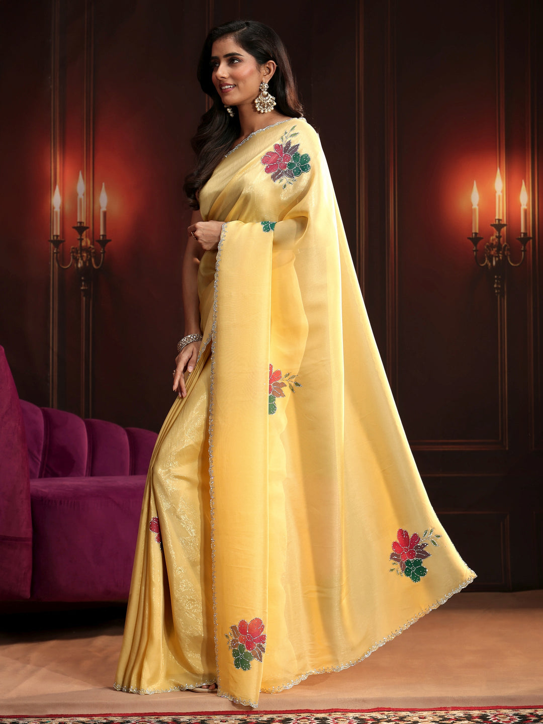 Libas Butter Yellow Floral Embellished Tissue Saree