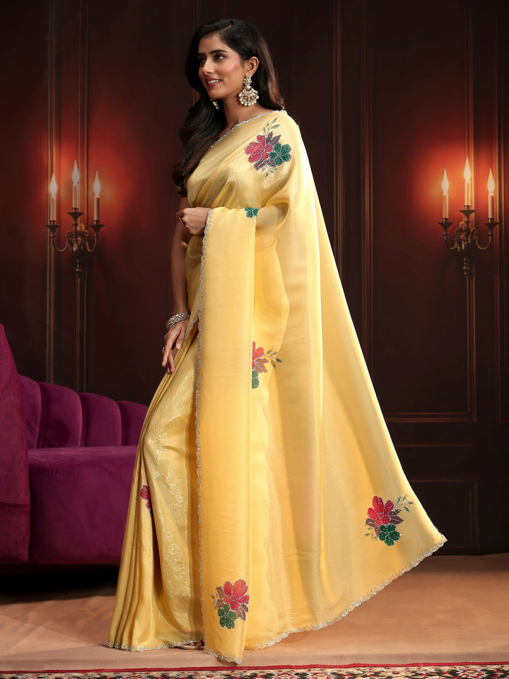 Libas Butter Yellow Floral Embellished Tissue Saree