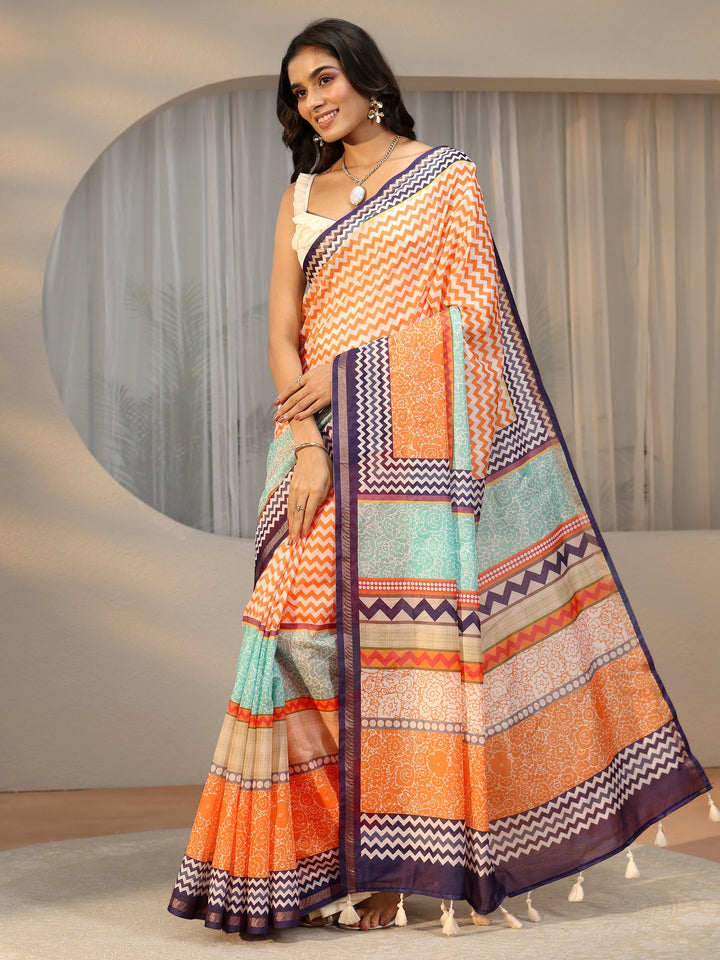 Libas Multi Colour Chevron Printed Cotton Blend Saree