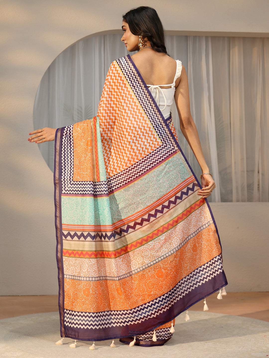 Libas Multi Colour Chevron Printed Cotton Blend Saree