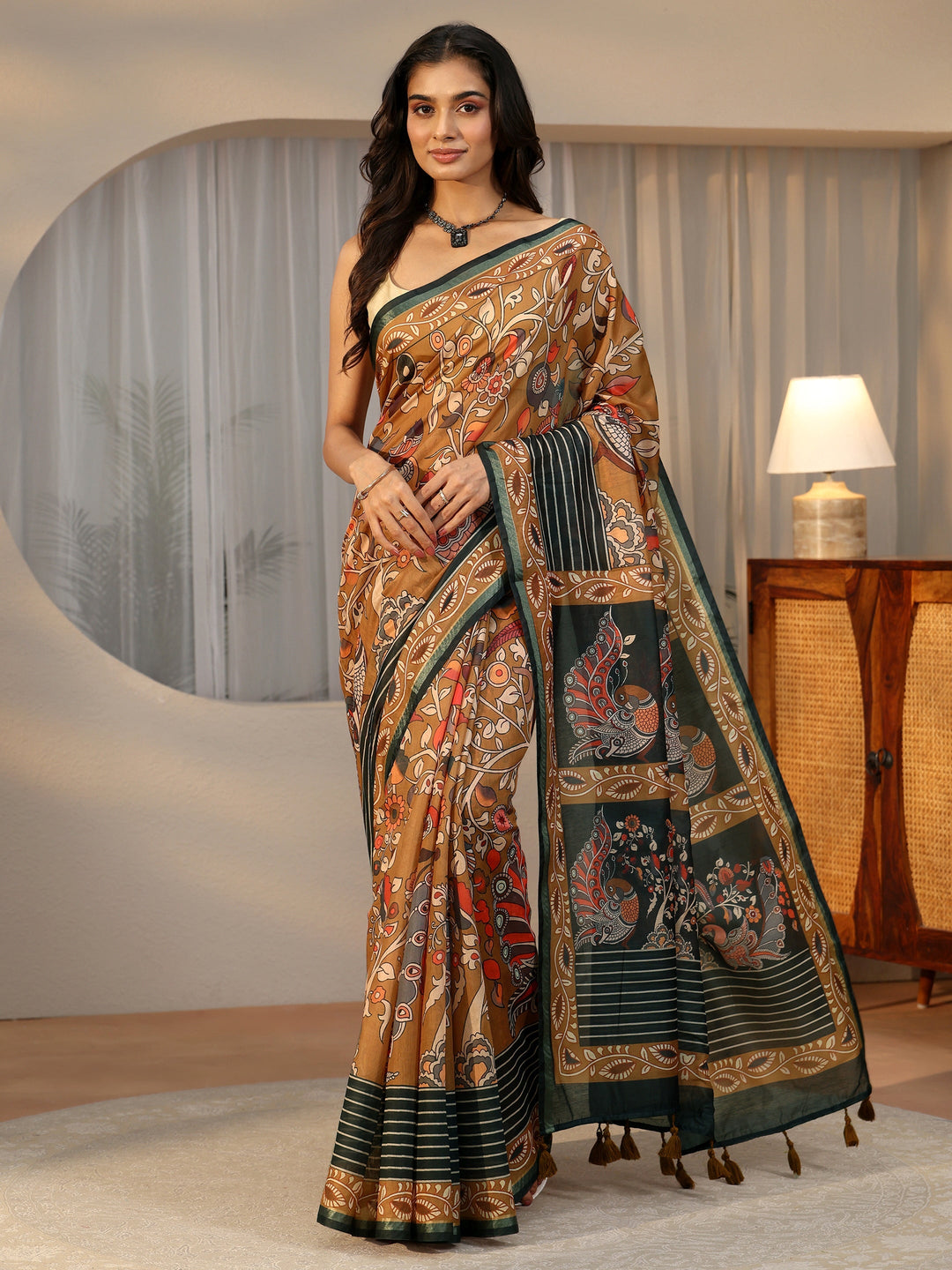 Libas Multi Colour Kalamkari Print Cotton Blend Saree