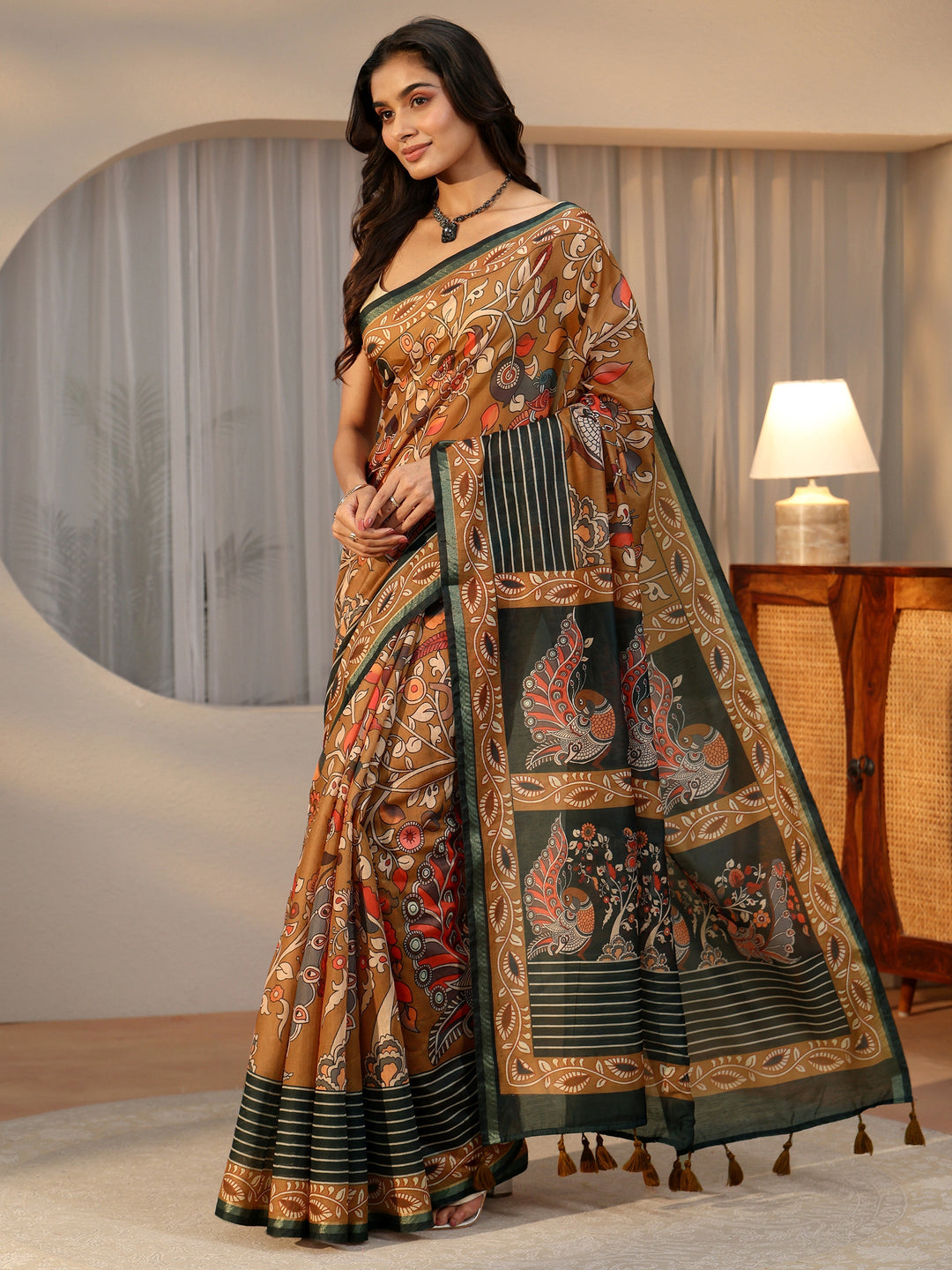 Libas Multi Colour Kalamkari Print Cotton Blend Saree