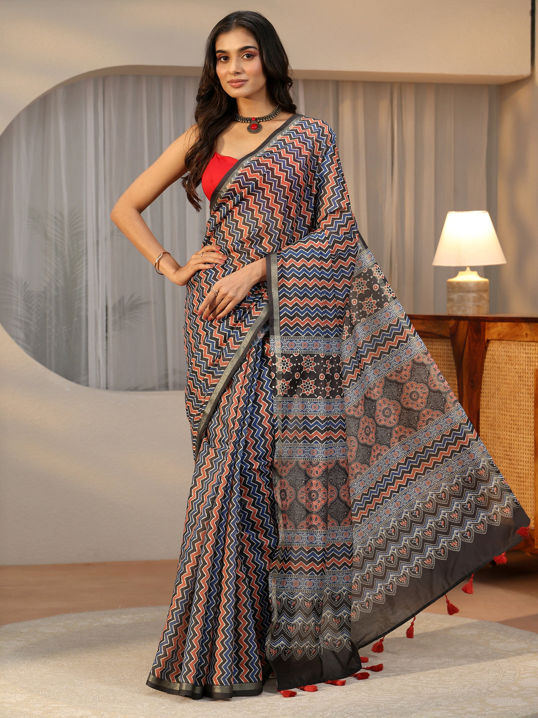 Libas Multi Colour Chevron Printed Cotton Blend Saree
