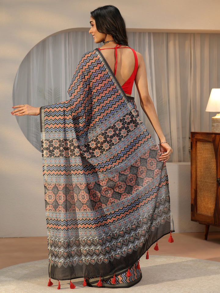 Libas Multi Colour Chevron Printed Cotton Blend Saree