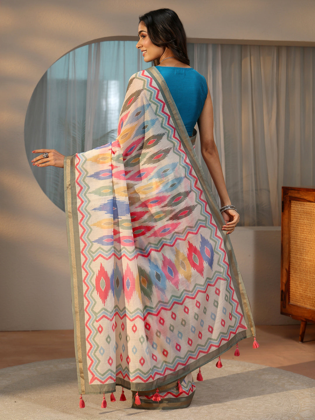 Libas White Ikat Printed Cotton Blend Saree