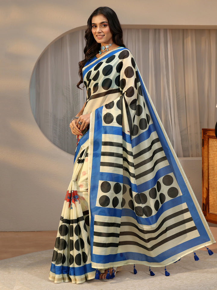 Libas Beige Polka Dot Print Cotton Blend Saree