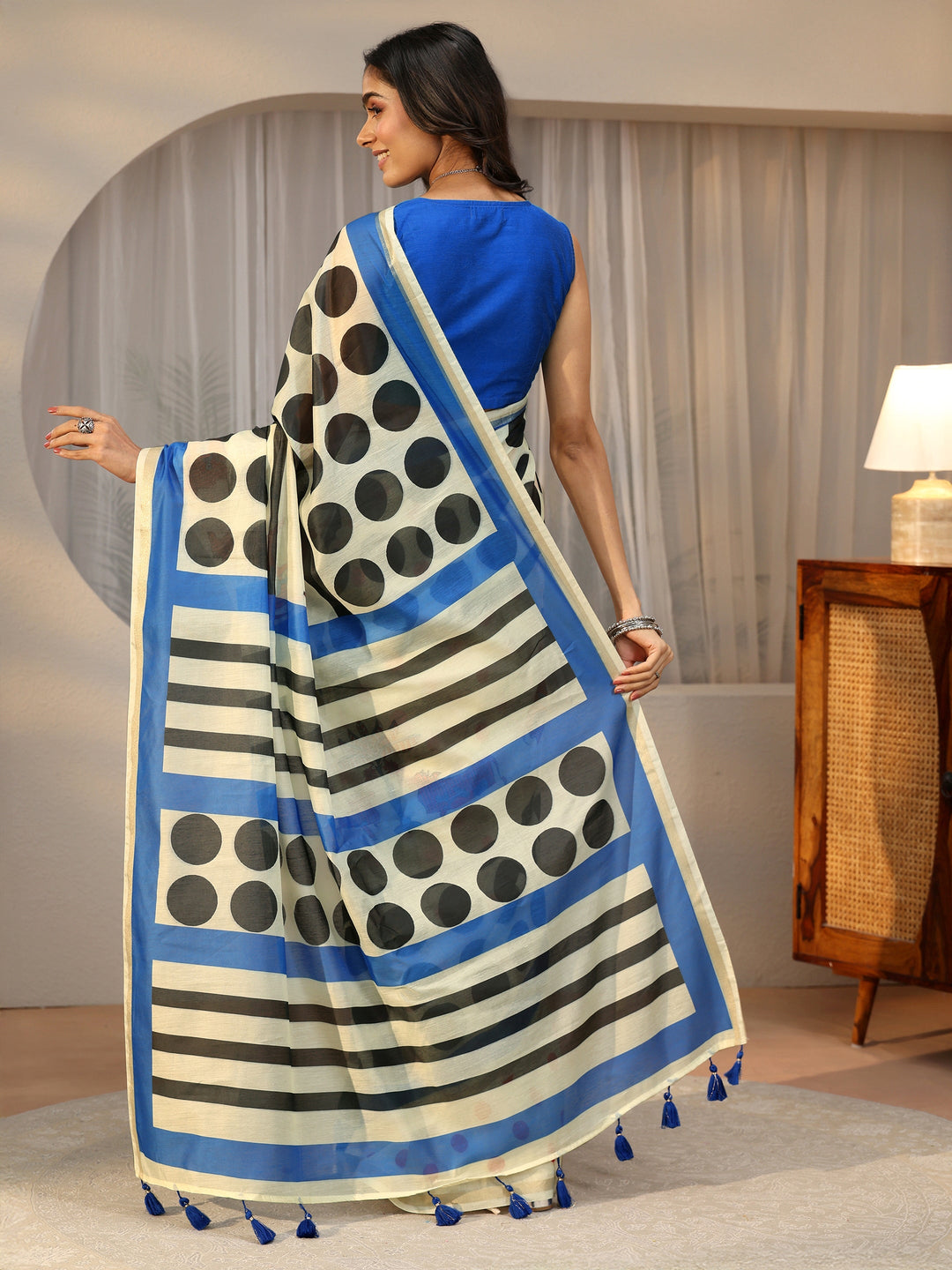 Libas Beige Polka Dot Print Cotton Blend Saree