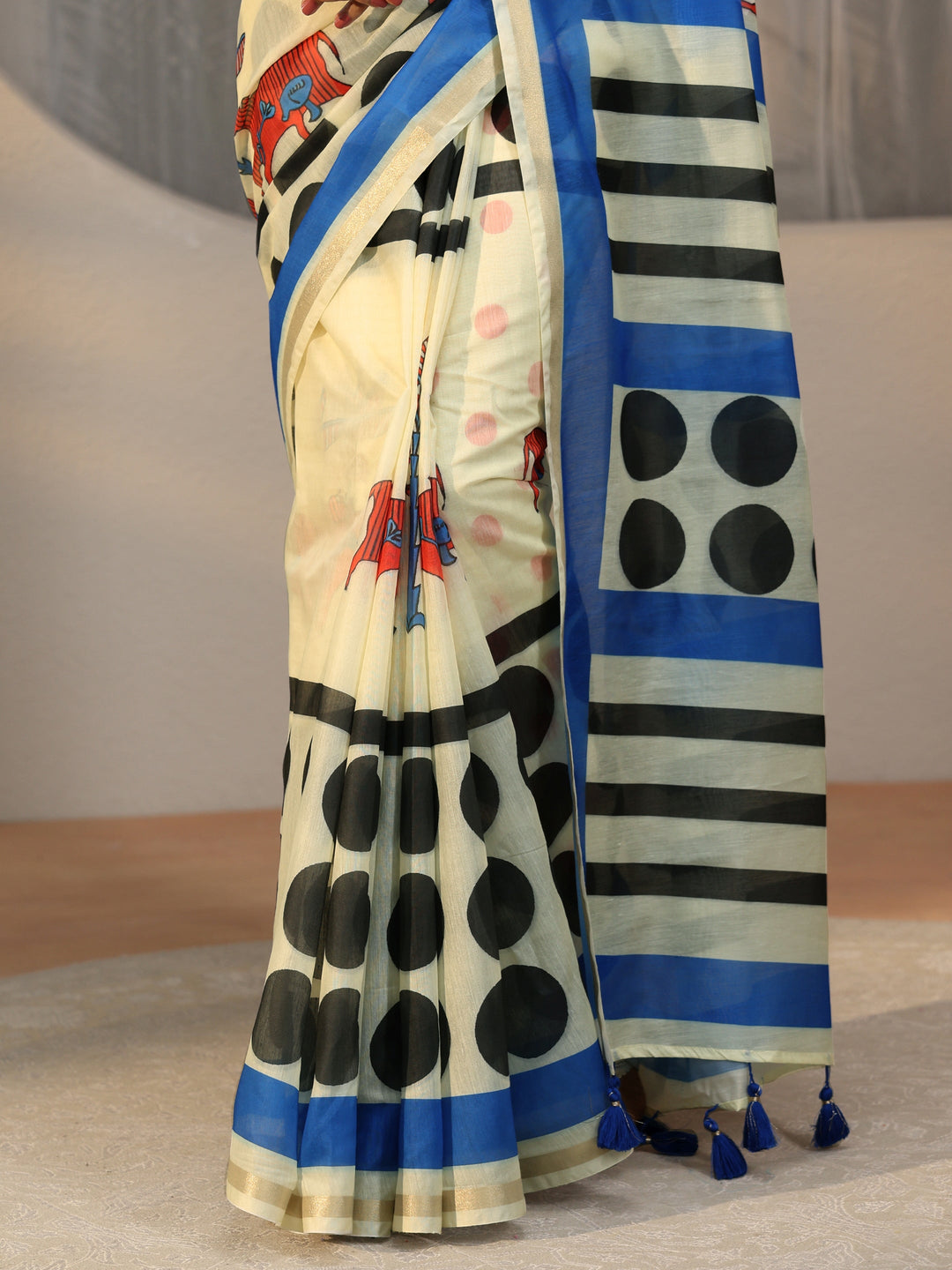 Libas Beige Polka Dot Print Cotton Blend Saree