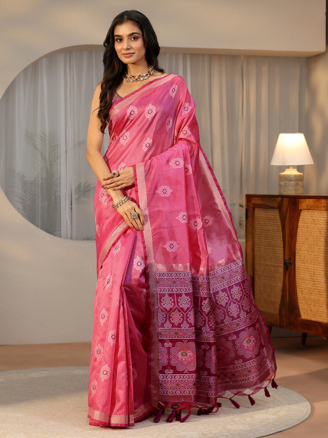 Libas Rani Pink Woven Design Silk Blend Saree