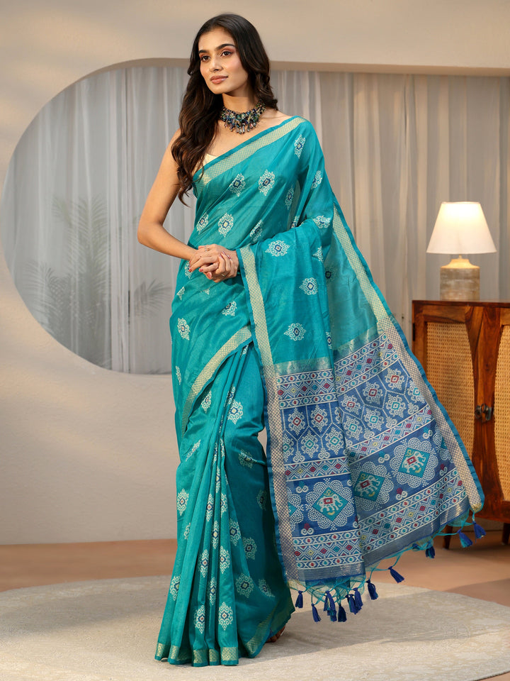 Libas Teal Blue Woven Design Silk Blend Saree