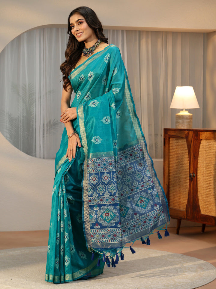 Libas Teal Blue Woven Design Silk Blend Saree