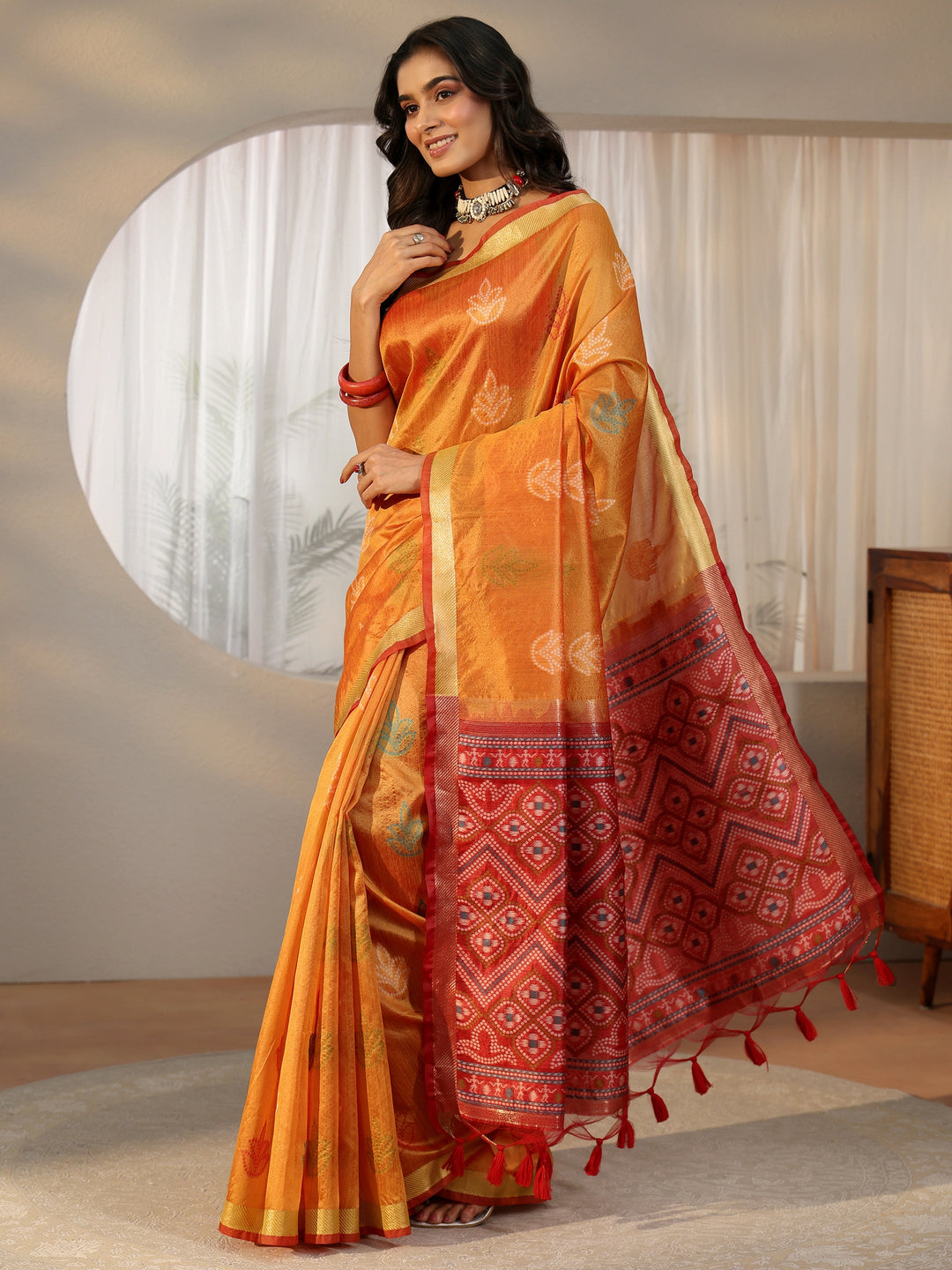 Libas Orange Bandhani Silk Blend Saree