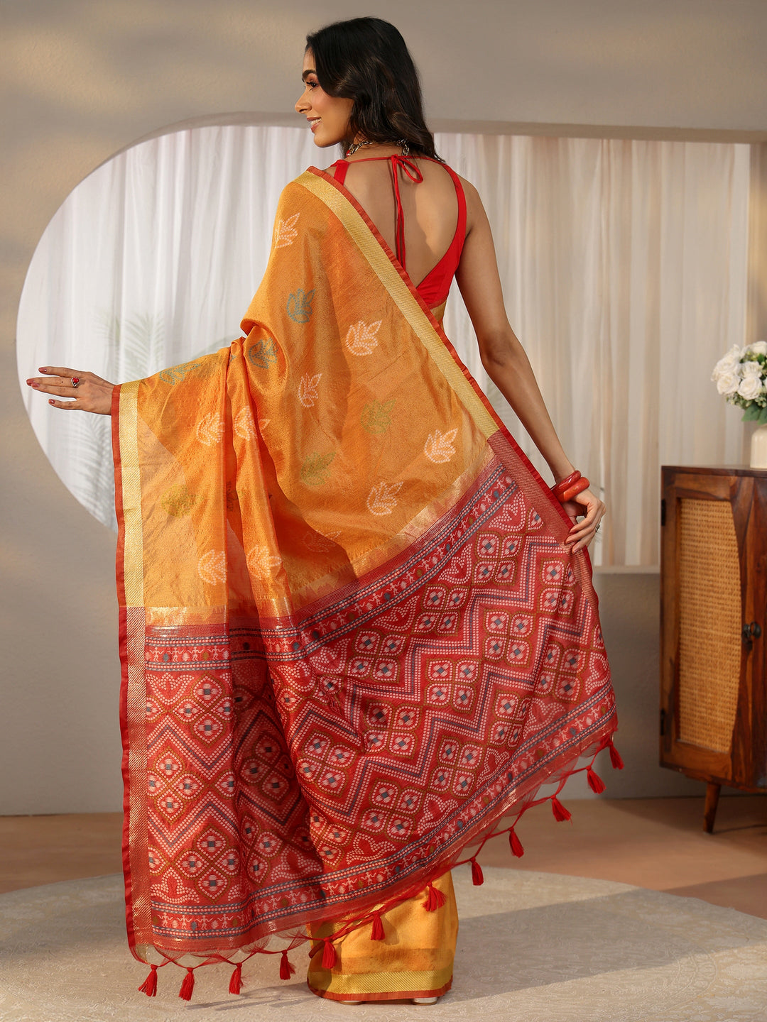 Libas Orange Bandhani Silk Blend Saree