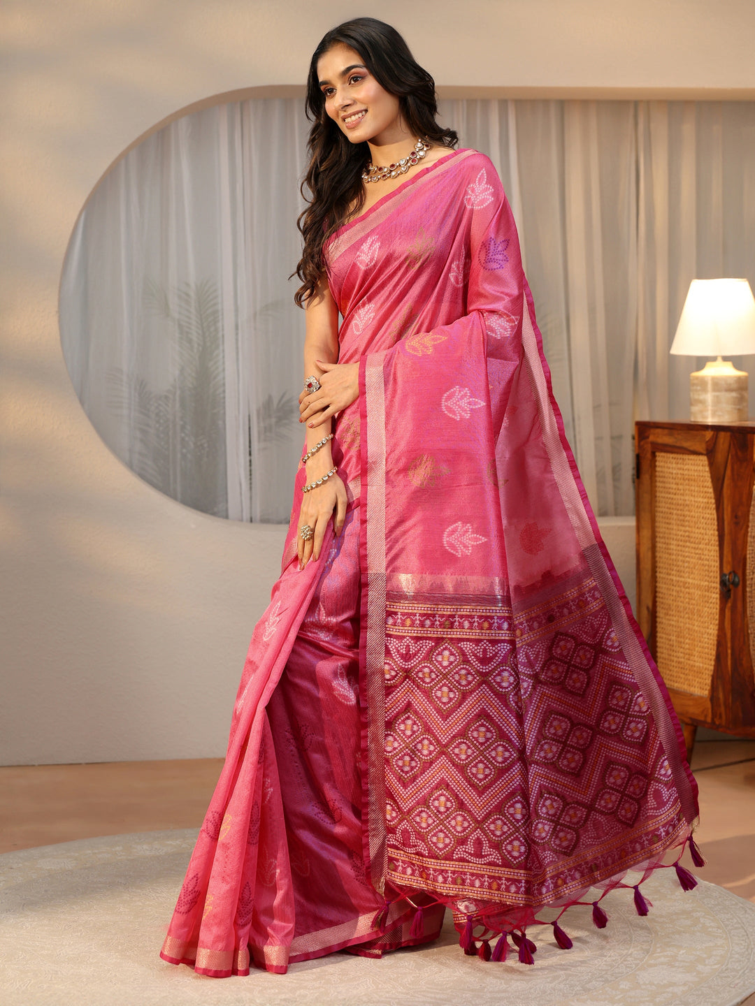 Libas Dusty Rose Pink Bandhani Silk Blend Saree