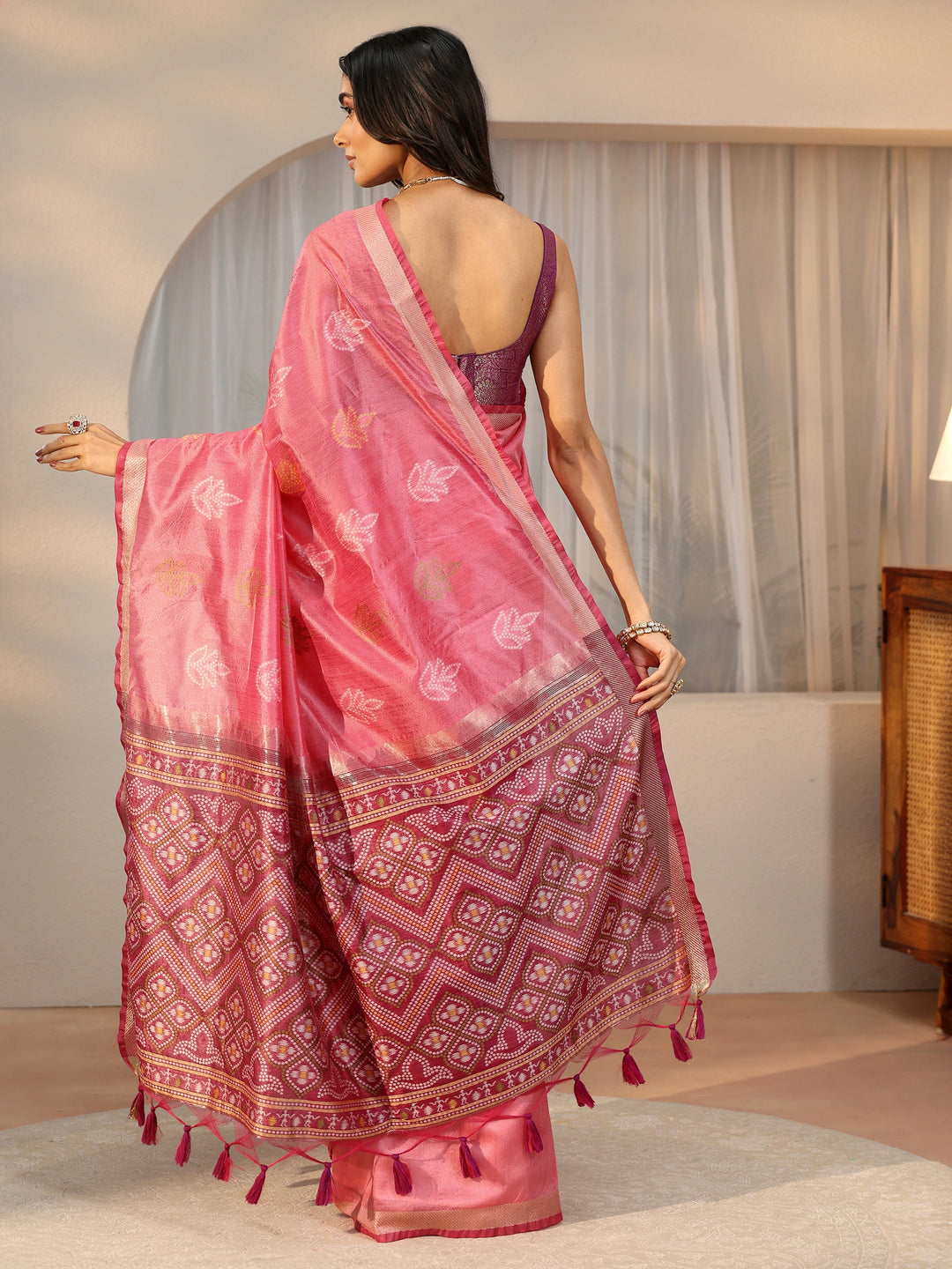 Libas Dusty Rose Pink Bandhani Silk Blend Saree