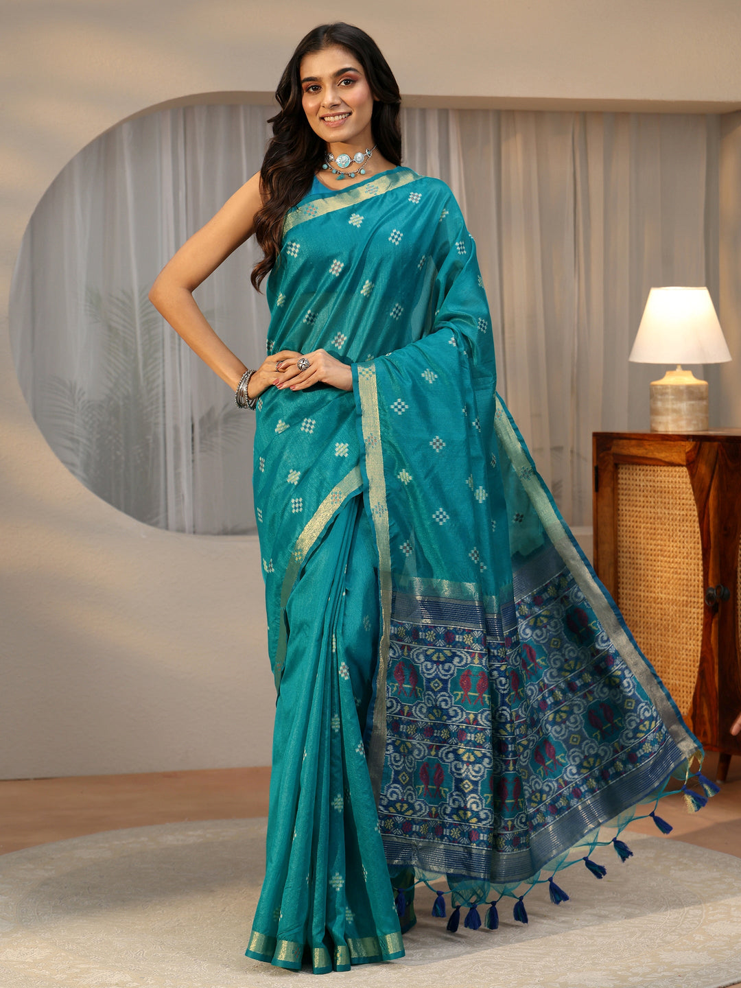 Libas Teal Blue Woven Design Silk Blend Saree
